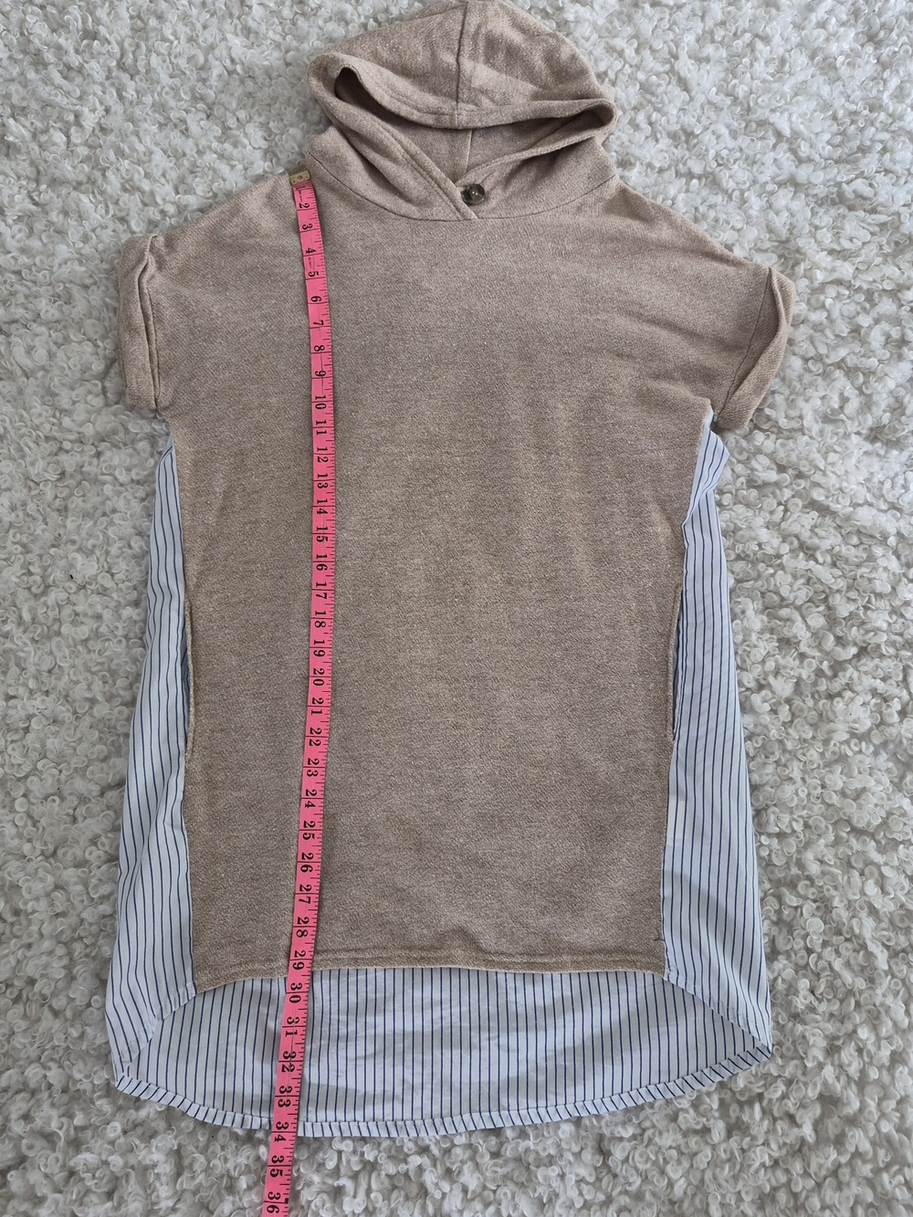 Korean Mixed Media Hooded Tunic Dress Beige Knit Blue Stripe Layered FIts M/S - Picture 4 of 11